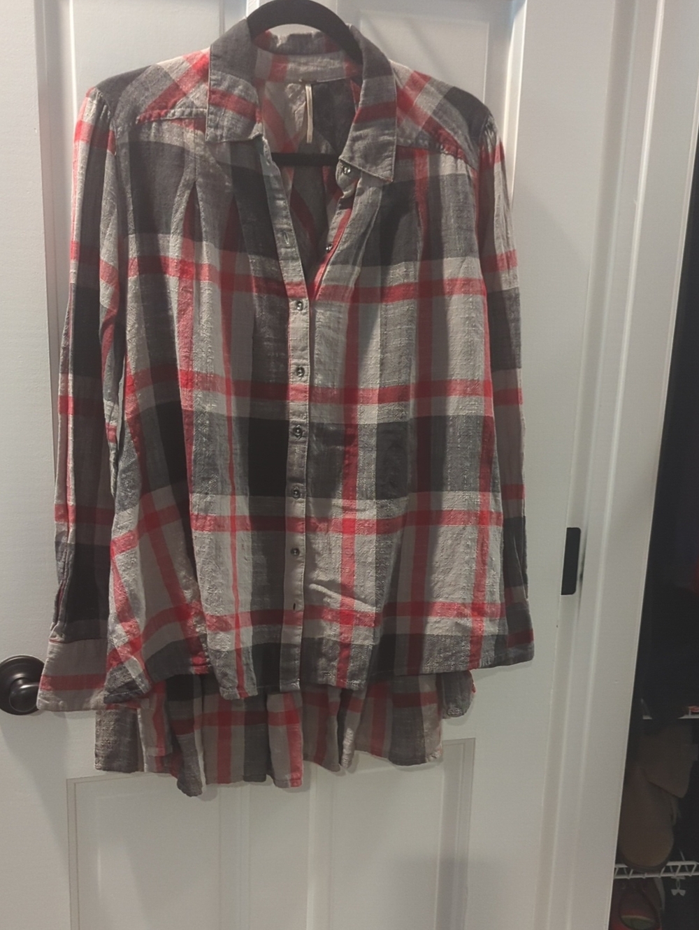Free People Woman's Tunic Plaid Button-Down Shirt in Red and Gray